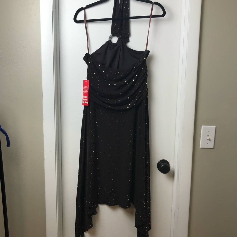 EnFocus Studio gold Sequins Asymmetrical Ruched Halter Dress Size 10 NWOT - Picture 2 of 11